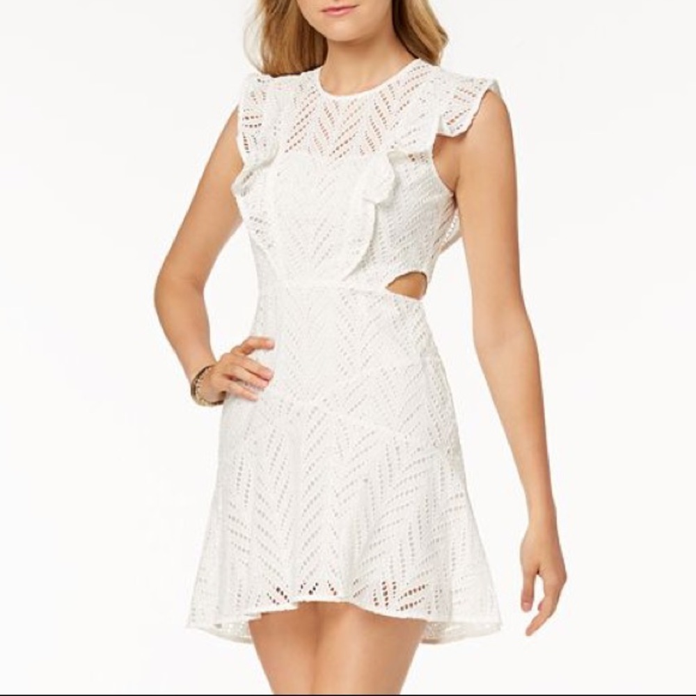 Bardot Kira Frill Ruffle Eyelet Lace Cutout Fit & Flare Mini Summer Dress White